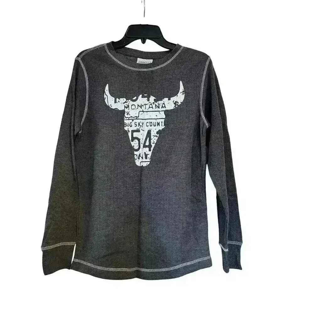 Waffle Knit Long Sleeve Gray Big Sky Montana Buffalo Skull Shirt Small